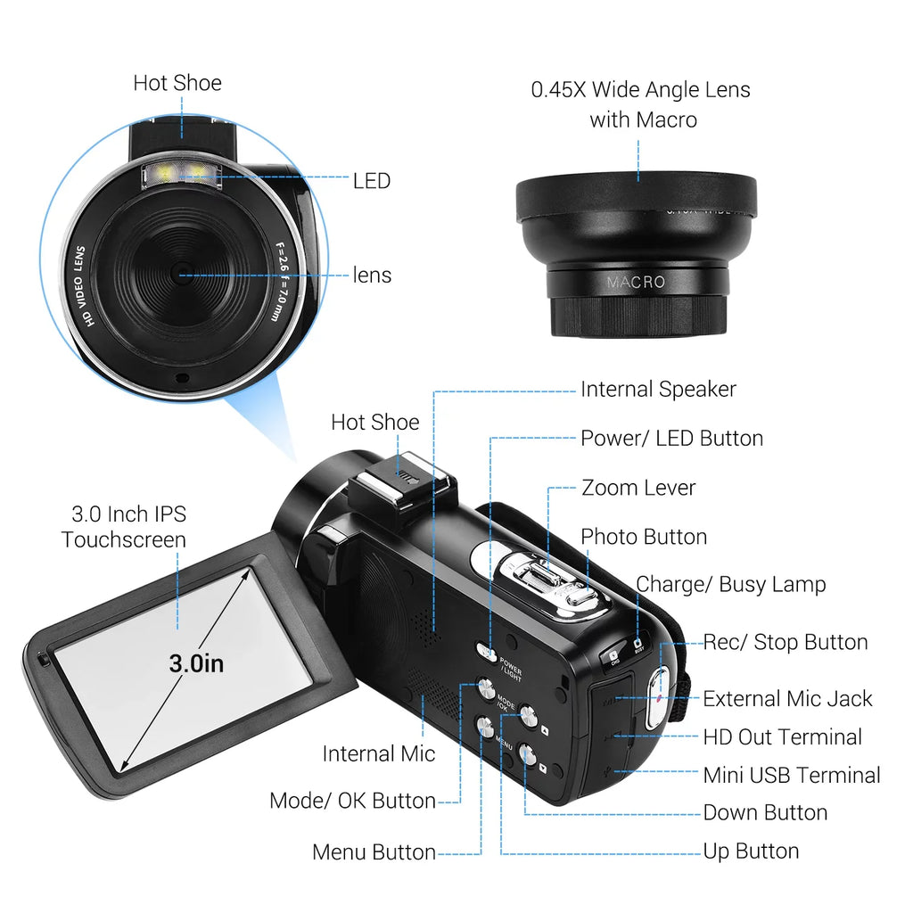 Andoer 4K Handheld DV Professional Digital Video CMOS Sensor Camcorder with 0.45X Wide Angle Lens with Macro Hot Shoe Mount 3.0 Inch IPS Monitor Burst -Shaking Function