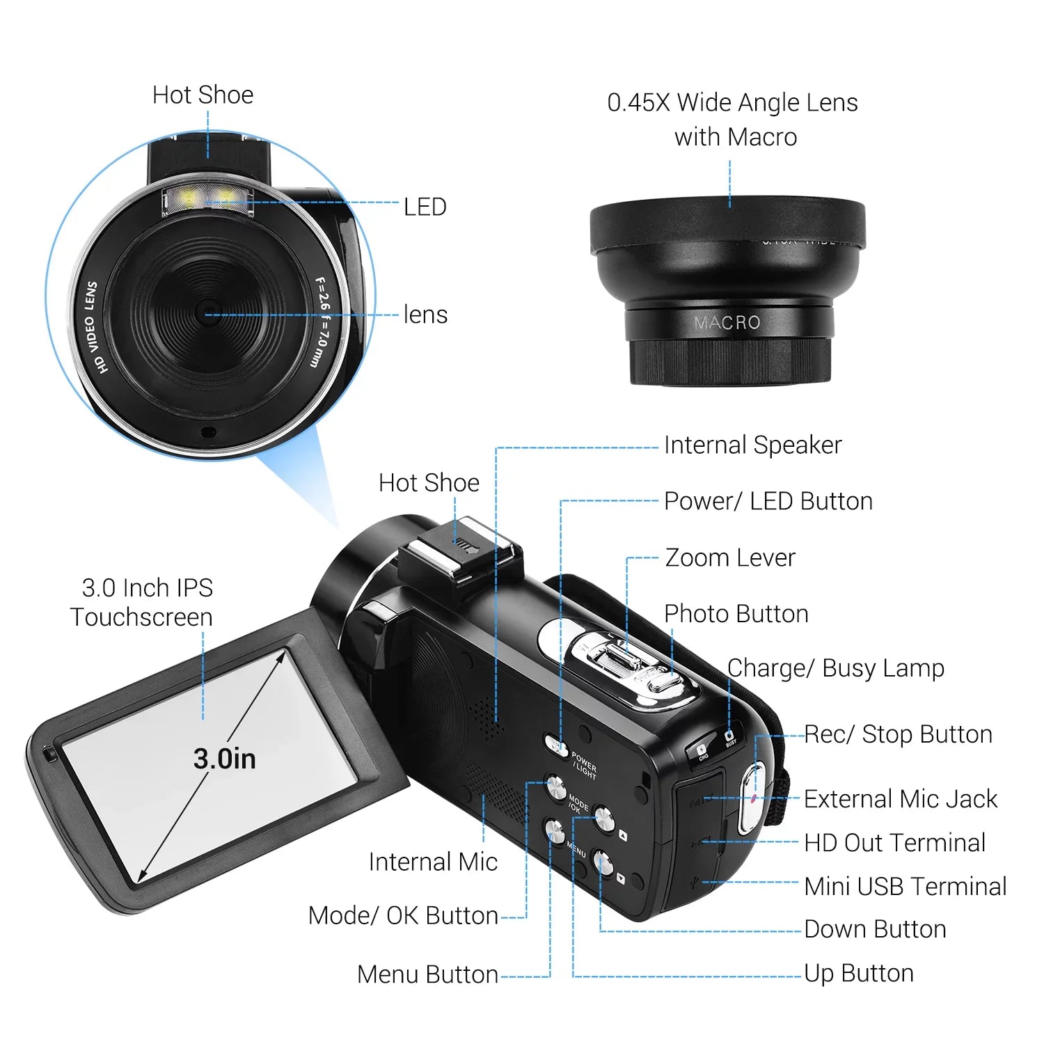 Andoer 4K Handheld DV Professional Digital Video CMOS Sensor Camcorder with 0.45X Wide Angle Lens with Macro Hot Shoe Mount 3.0 Inch IPS Monitor Burst -Shaking Function