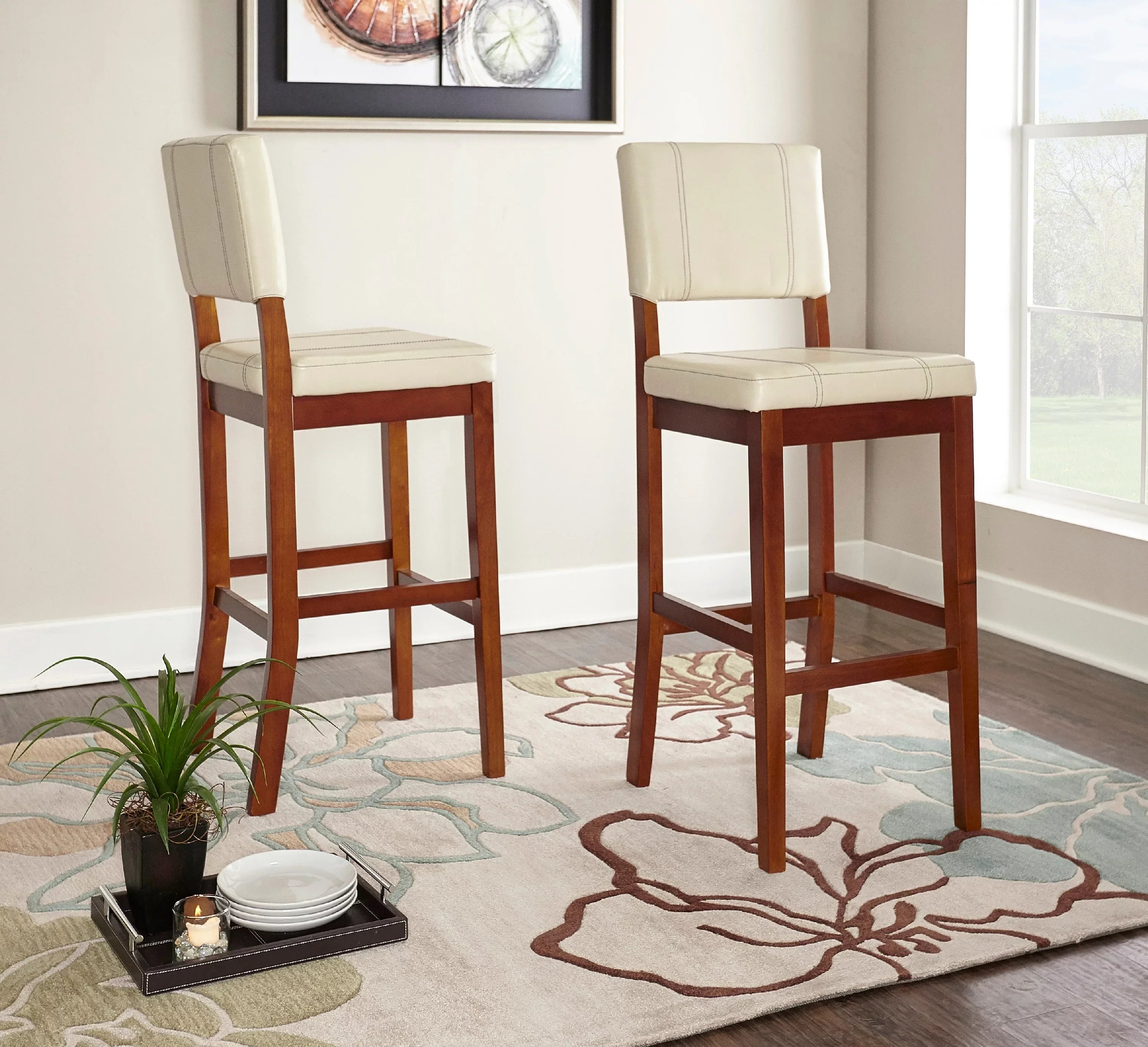 Linon Mulberry Padded Bar Stool, 30" Seat Height, Medium Dark Walnut Finish with Cream PVC Fabric