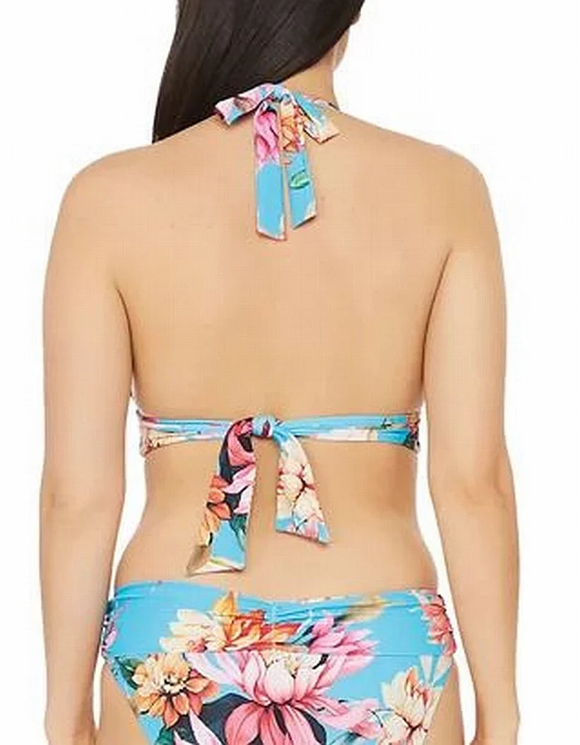 LA BLANCA Women's Blue Tropical Print Shirring Tie Sweetheart Molded Cup Halter Swimsuit Top 4