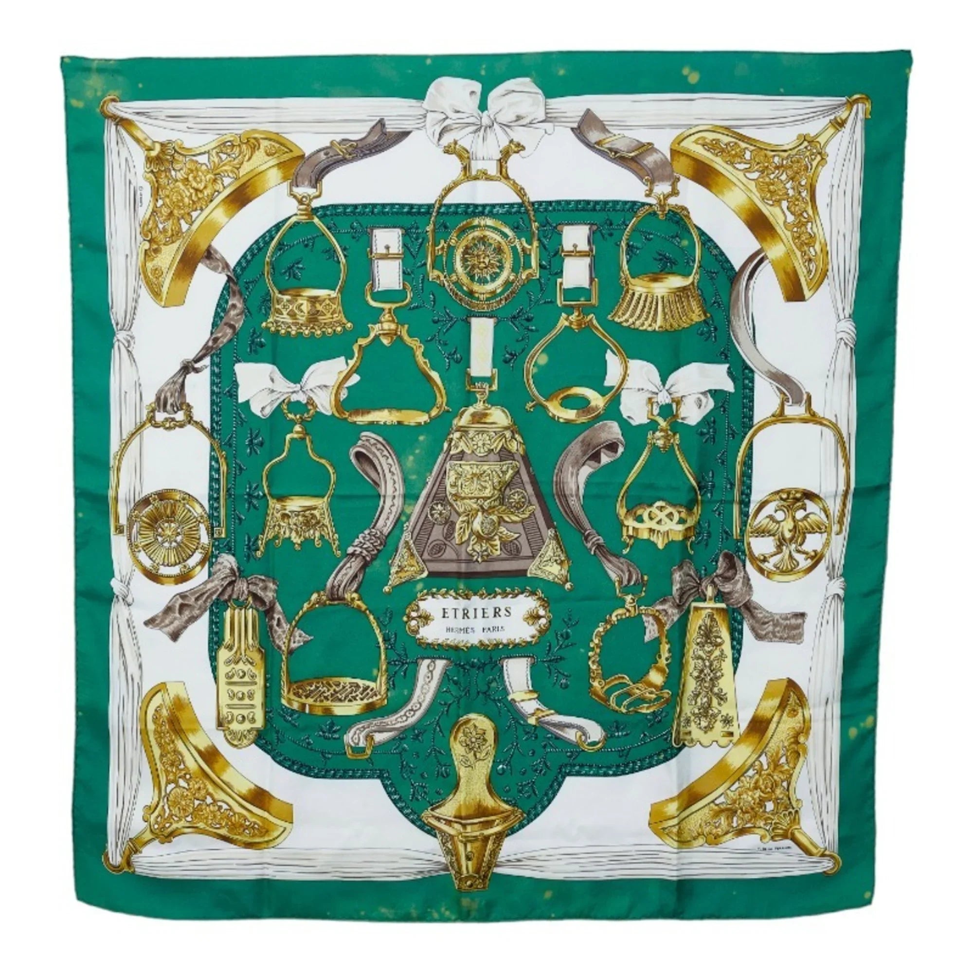 Pre-Owned Hermes Carre 90 ETRIERS Stirrup Pattern Horse Tack Scarf Muffler Green Multicolor Silk Ladies HERMES (Fair)