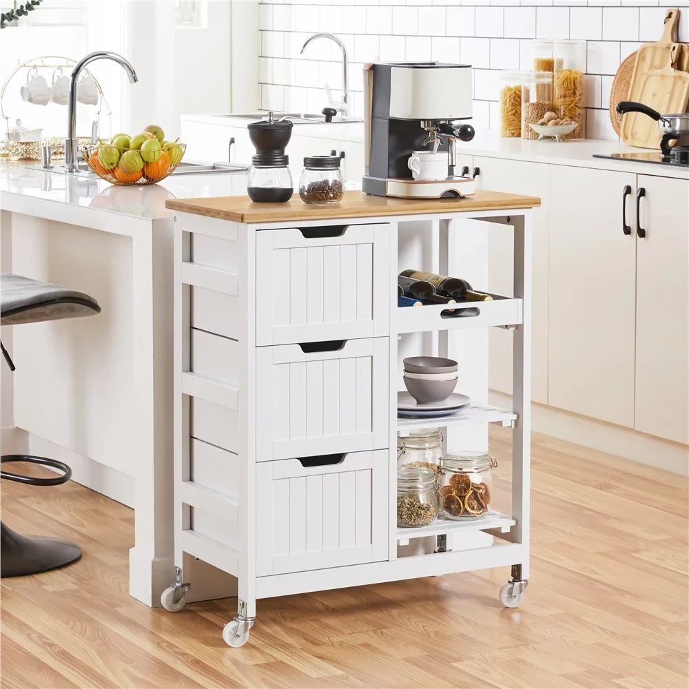 Easyfashion 33" H Storage Serving Cart with 3 Drawers for Kitchen Bar, White
