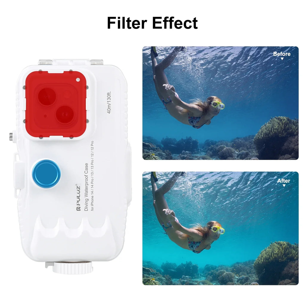 PULUZ 40M131ft Liquid Phone Case Diving Case Smartphone Fluid Housing Protective Case with Red Filter Neck Strap Cleaning Cloth Replacement for 14/ 14 / 13/ 13 / 12/ 12 P