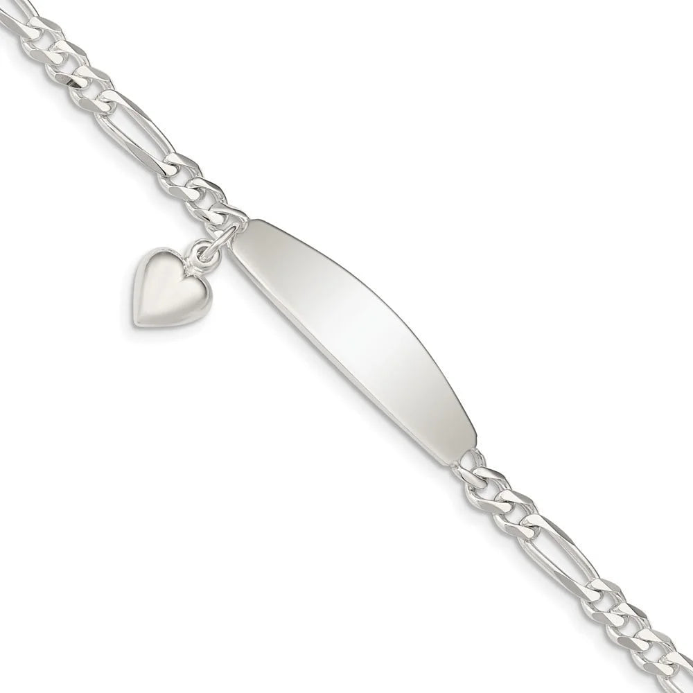 Auriga Fine Jewelry 925 Sterling Silver ID with Heart Figaro Link 8inch Bracelet for Women