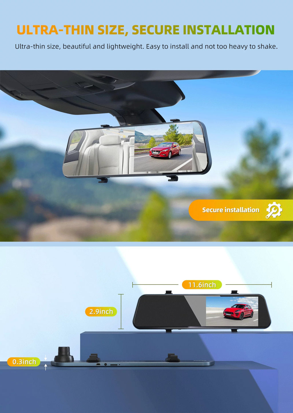 TOGUARD Backup Camera 5" Full HD 1080P Dash Cam Front and Rear Dual Lens with Liquid Rear Camera