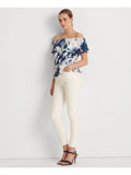 LAUREN RALPH LAUREN Womens White Ruffled Elasticized Drawcord Waist Tie Dye Short Sleeve Off Shoulder Peplum Top S