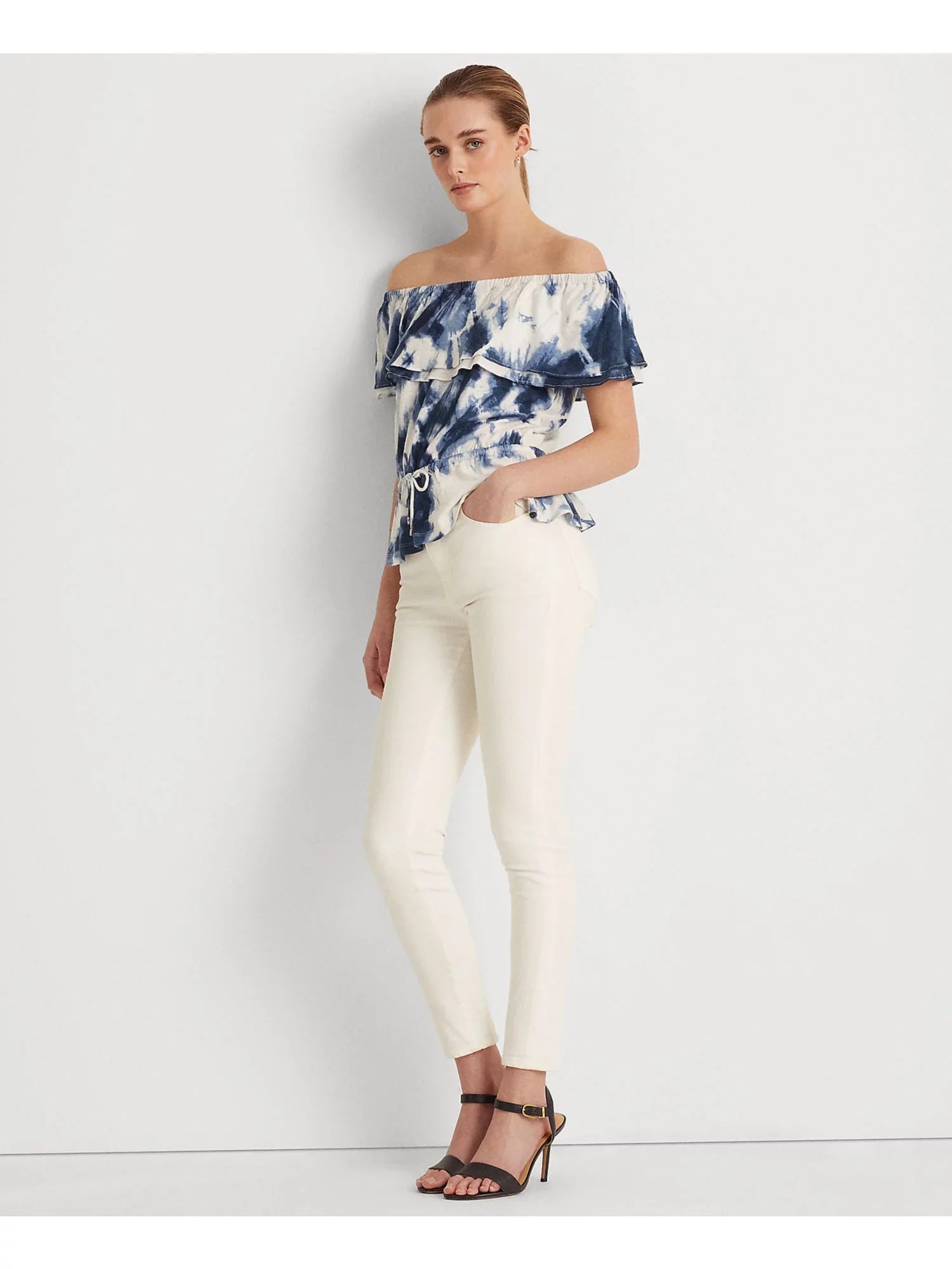 LAUREN RALPH LAUREN Womens White Ruffled Elasticized Drawcord Waist Tie Dye Short Sleeve Off Shoulder Peplum Top S