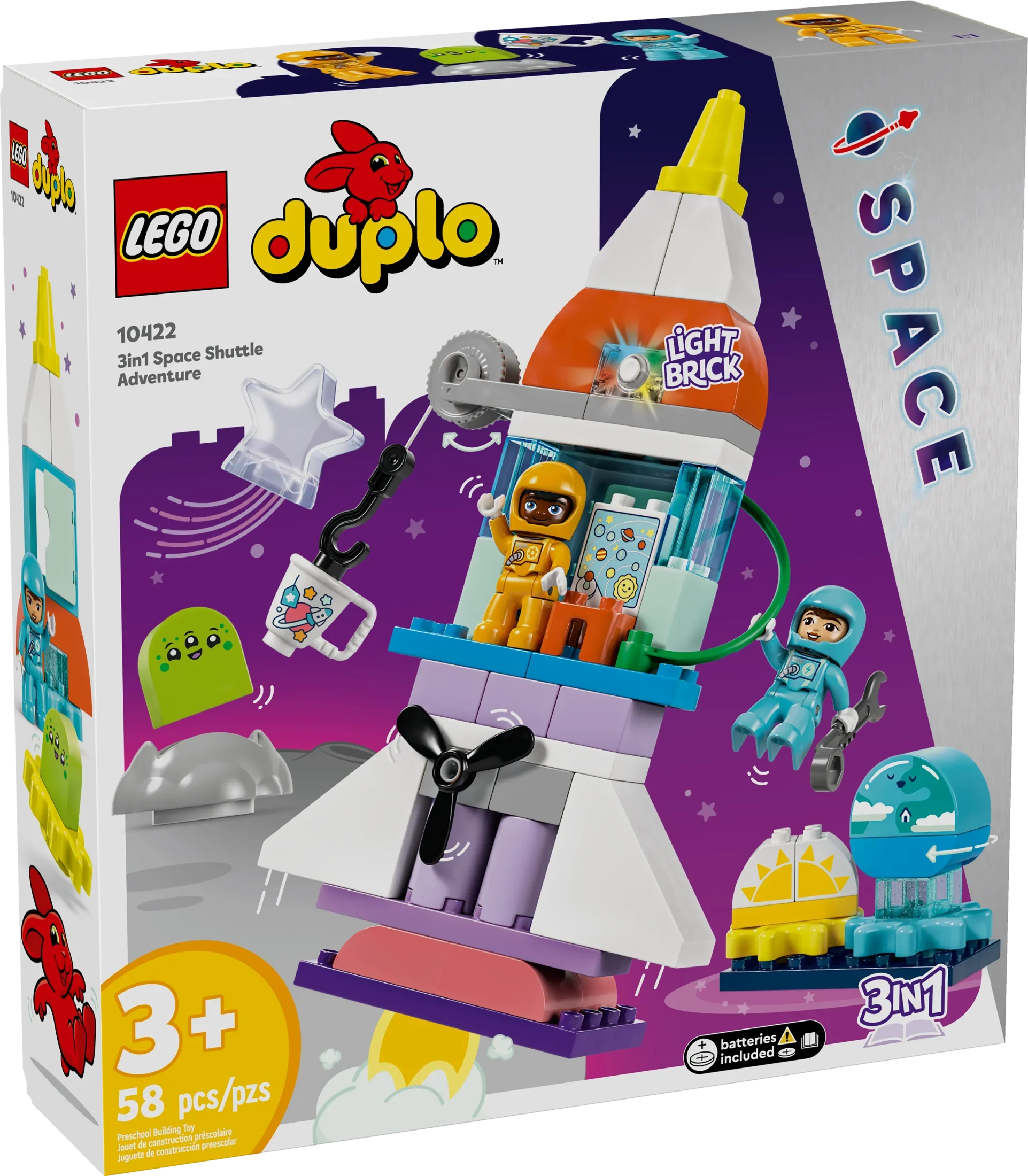 LEGO DUPLO 3 in 1 Space Shuttle Adventure Rocket Ship Building Set, Kids Educational Space Discovery Toy for 3-Year-Olds and Up, Develops Preschool Kids’ Learning and Fine Motor Skills, 10422