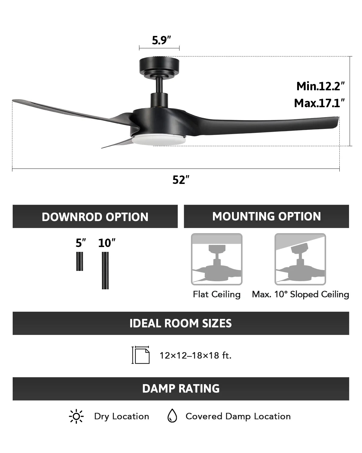 Bestco Modern 52" Smart Ceiling Fan with Dimmable Light Kit & Remote, Black