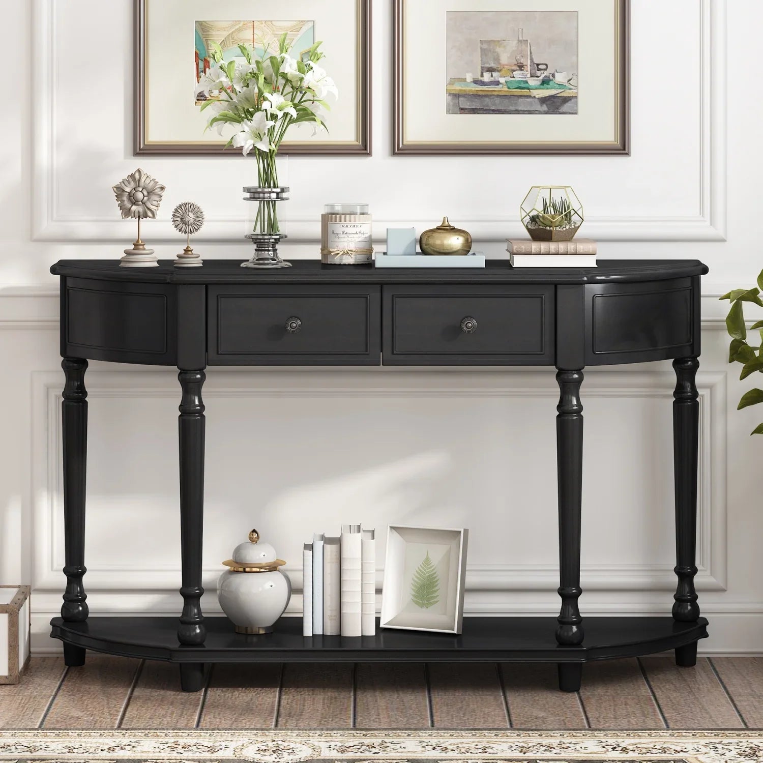 TREXM Retro Circular Curved Design Console Table with Open Style Shelf Solid Wooden Frame and Legs Two Top Drawers (Cherry + Antique Blue OLD SKU WF298768AAC)