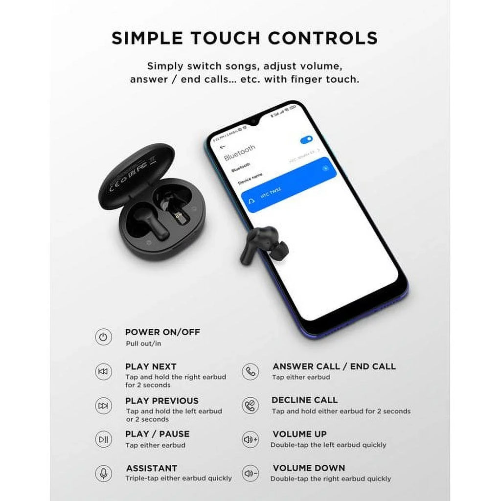 HTC True Wireless Earbuds Bluetooth 5.1 Headphones Sport ANC Earbuds with Microphone, Android Earbuds Wireless Bluetooth Earphones,Black