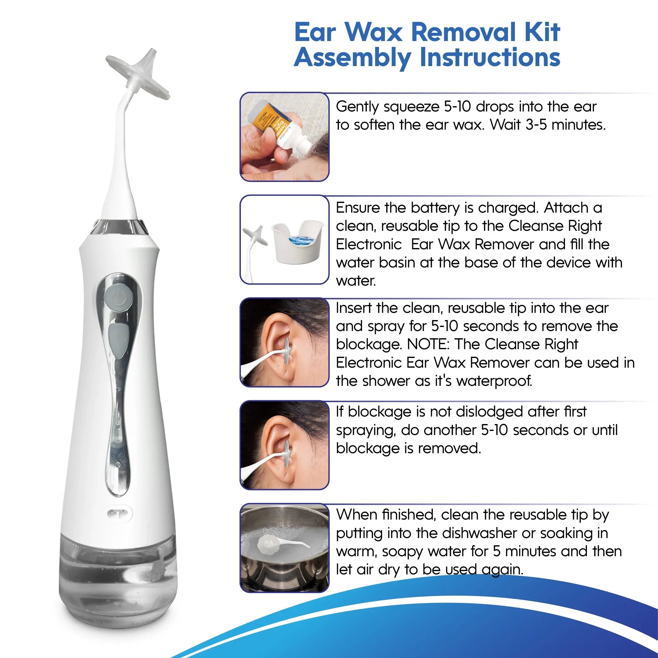 Cleanse Right - Electronic Ear Wax Remover- Includes USA MADE Ear Drops, 3 USA MADE REUSABLE, DISHWASHER FRIENDLY TIPS, ear cleaner system, device, ear wax removal tool kit