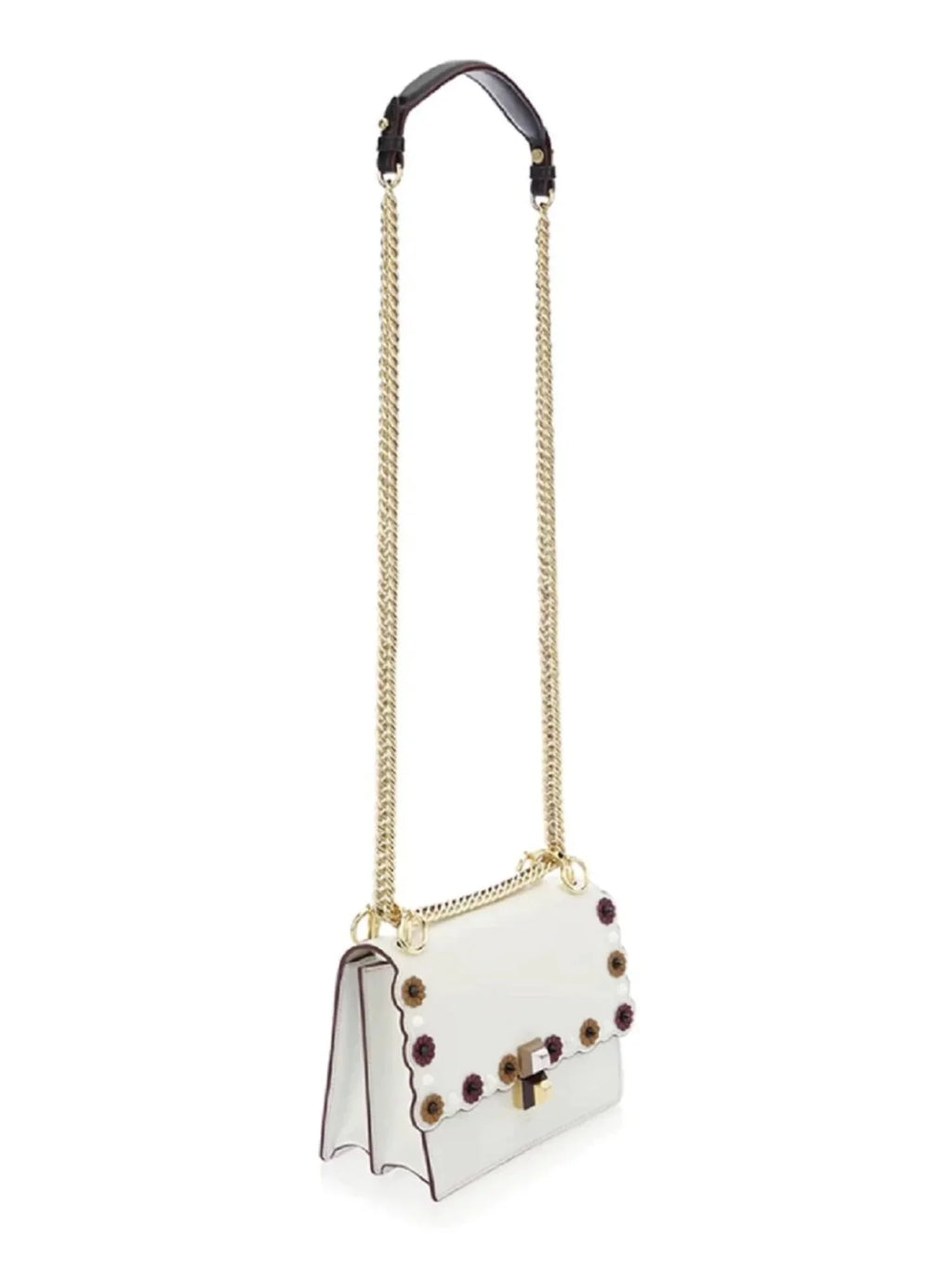 New Fendi Kan I White Multi Color Flowers Leather Chain Bag