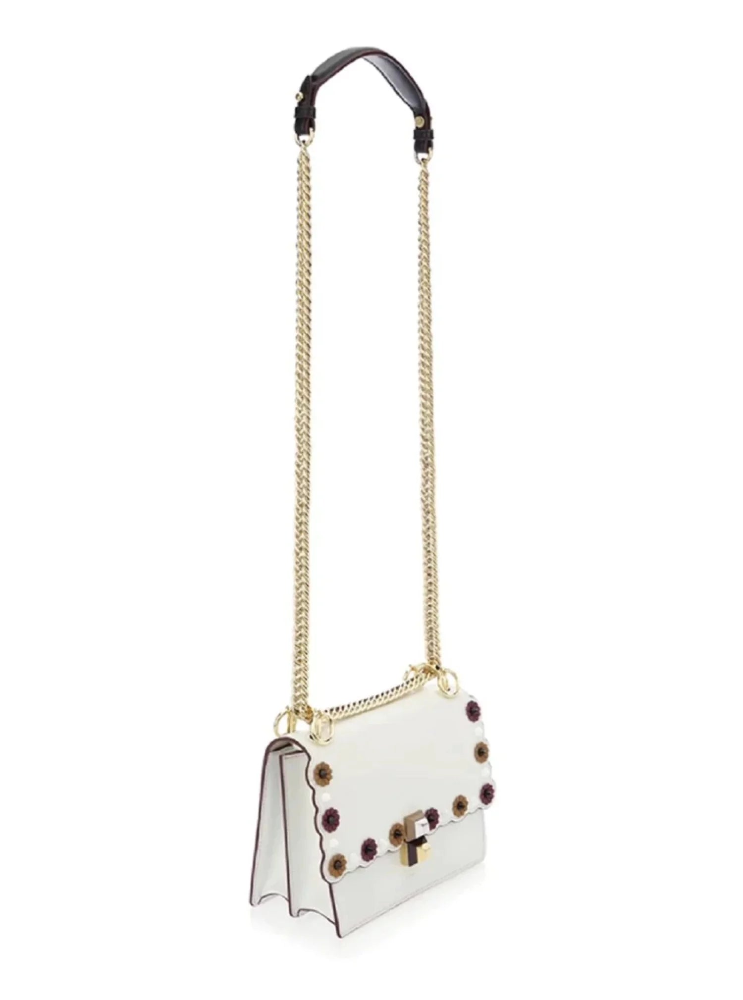New Fendi Kan I White Multi Color Flowers Leather Chain Bag