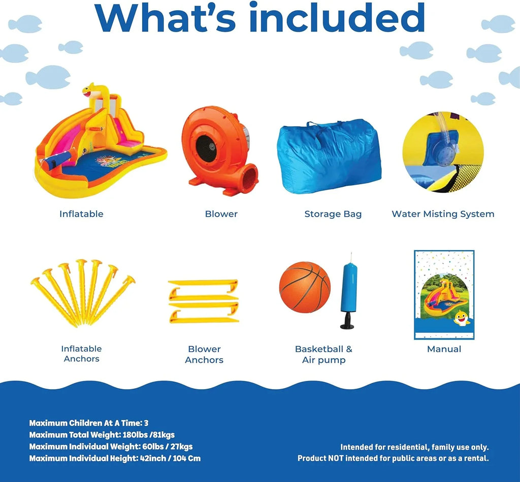 Funormous Baby Shark Bounce House with Slide Wet or Dry, Pink Fong Inflatable Fluid Slide, Party Outdoor Curve Fluid Fun, Kids Backyard Fluid Park, Includes Fluid Sprayer, Pool & Blower