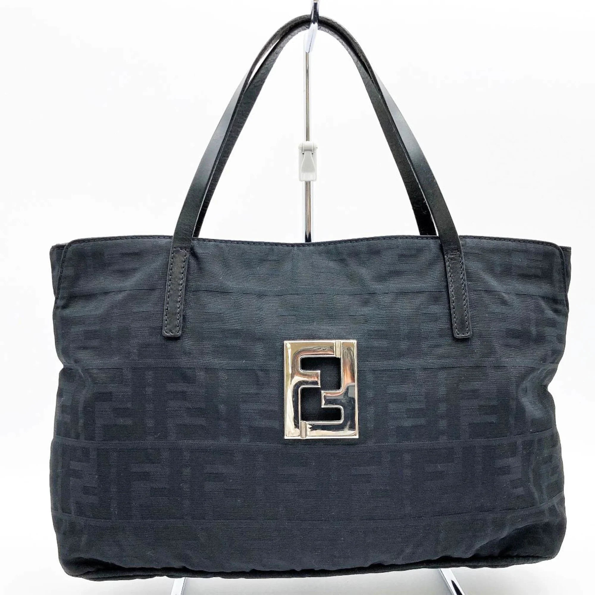Pre-Owned FENDI Zucca pattern tote bag handbag black nylon canvas ladies 15786 (Good)