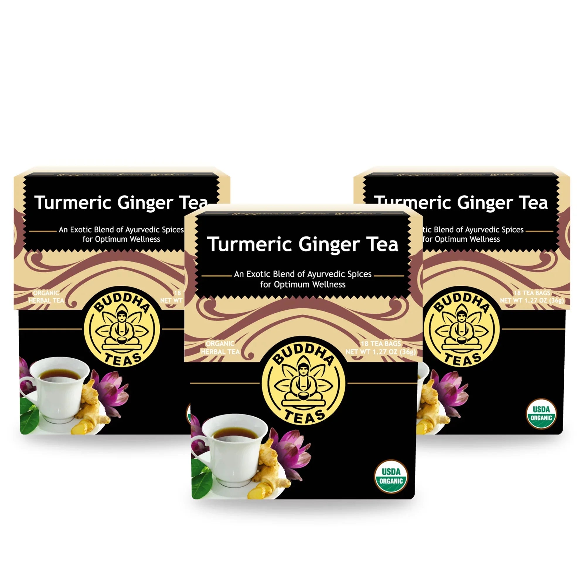 Buddha Teas Organic Turmeric Ginger Tea Bags Antioxidant Herbal Detox Drink 3 Boxes