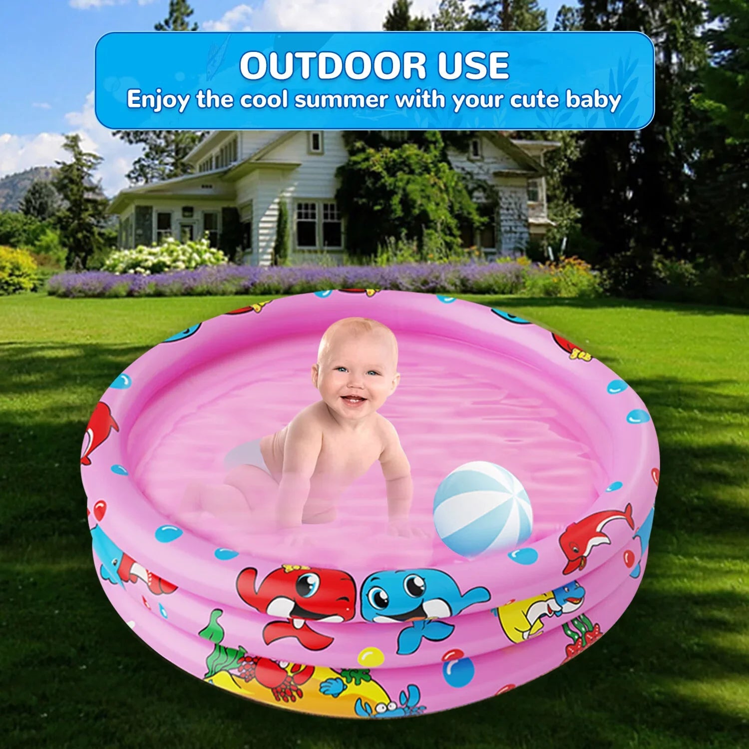 Round Inflatable Baby Swimming Pools, 47"x12" 3 Ring Portable inflatable Swimming Pool for Kids, Kiddie Paddling Pool Indoor&Outdoor Toddler Liquid Game Play Center for Kids/Girls/Boys,Pink