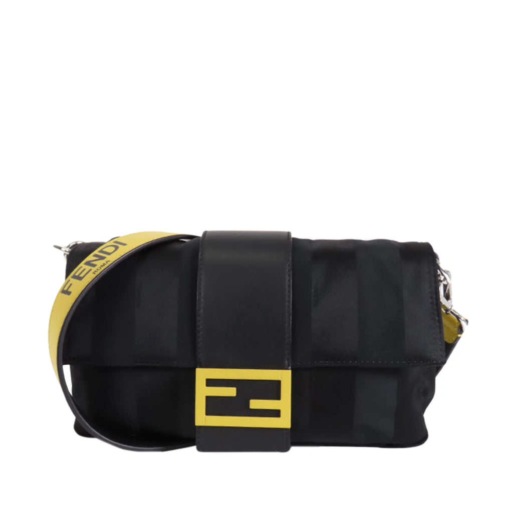 Pre-Owned Authenticated Fendi Stripes Convertible Baguette Nylon Fabric Black Satchel Unisex (Good)