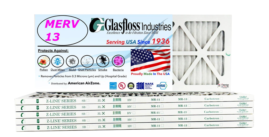 Glasfloss 12x30x1 - MERV 13 -Qty:6 - Furnace Air Filter - Made in USA (Actual Size: 11.5 x 29.5x7/8 inch)