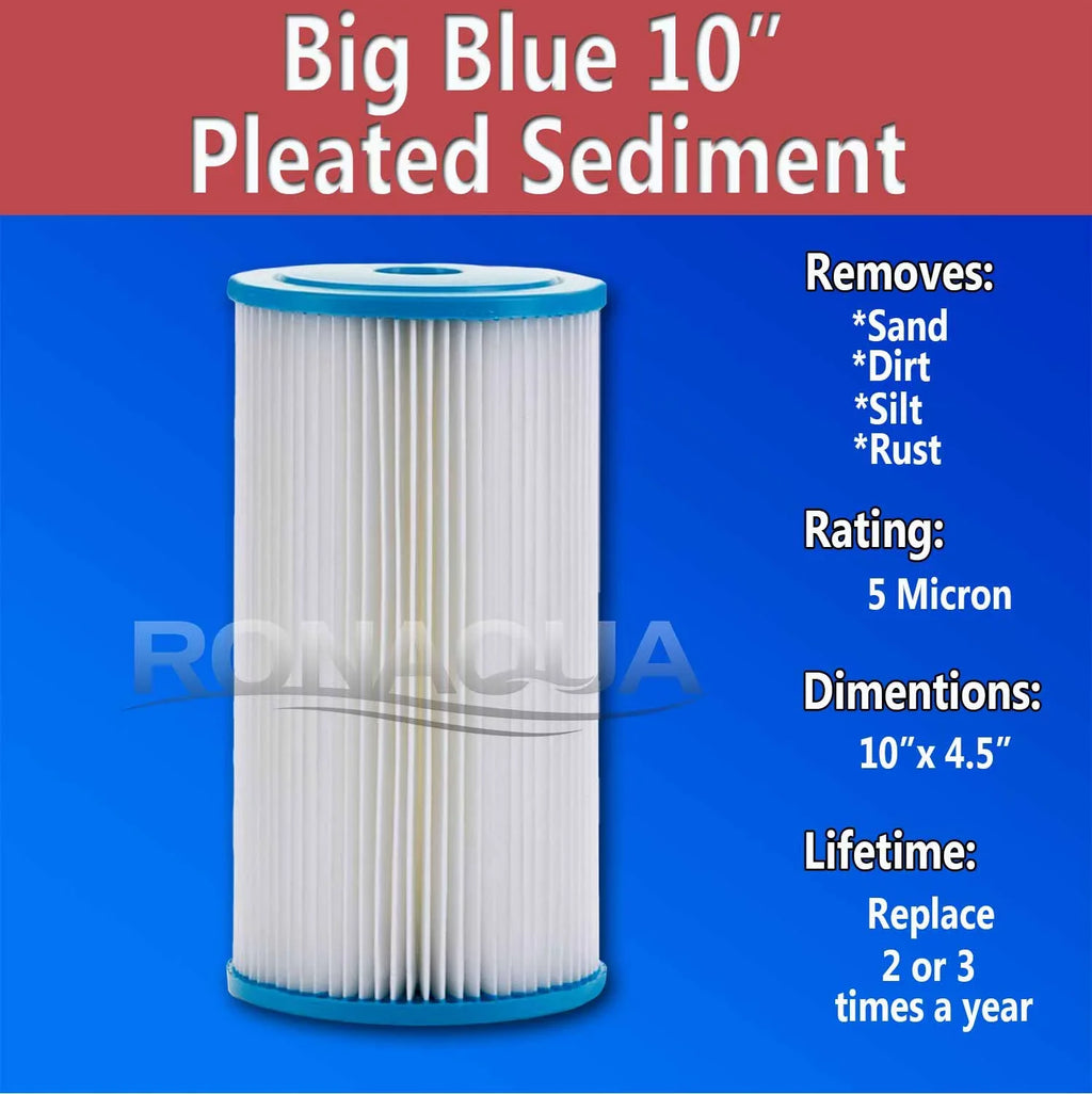 Big Blue Pleated Washable & Reusable Sediment Filter 5 Micron Amplified Surface Area, Removes Sand, Dirt, Silt, Rust, Extended Filter Life for 10" Big Blue Housing by Ronaqua (Set of 8)