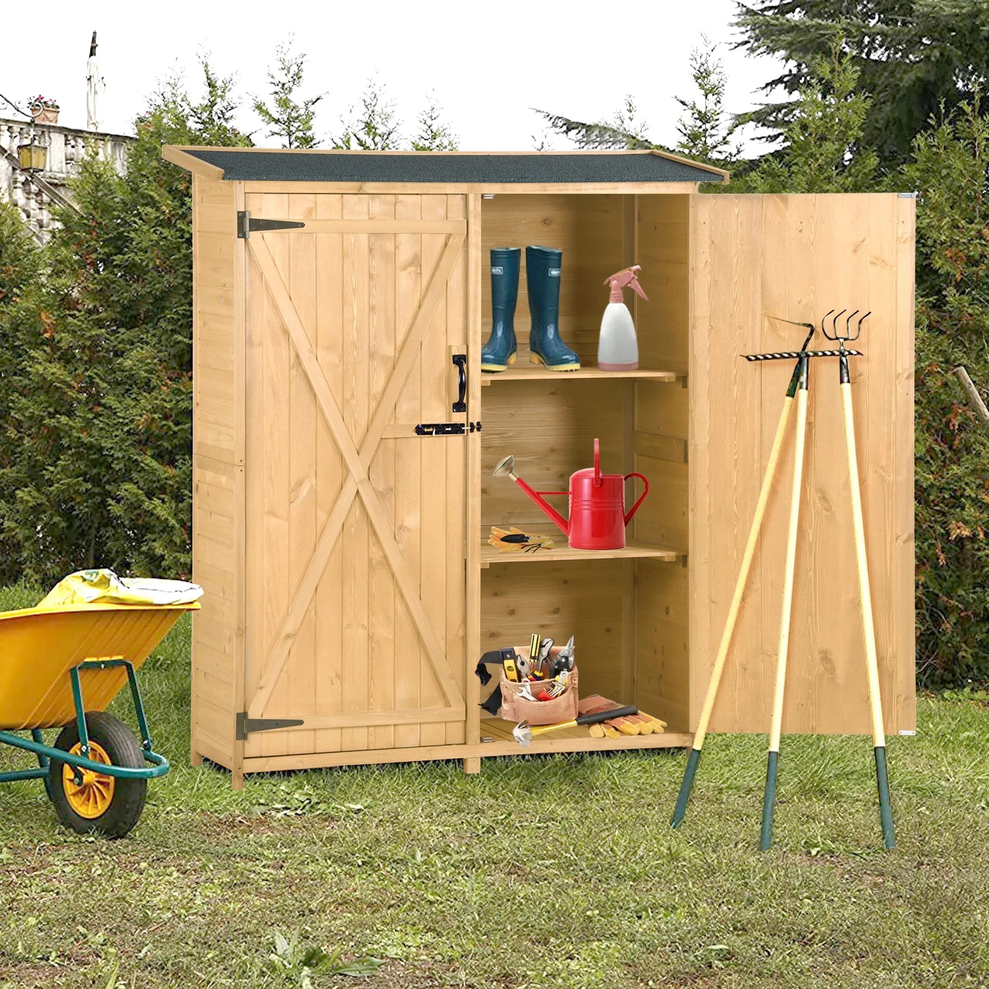 Outdoor 5.3ft Hx4.6ft L Wood Storage Shed Tool Organizer,Garden Shed, Storage Cabinet with Fluid Asphalt Roof, Double Lockable Doors, 3-tier Shelves for Backyard, Natural