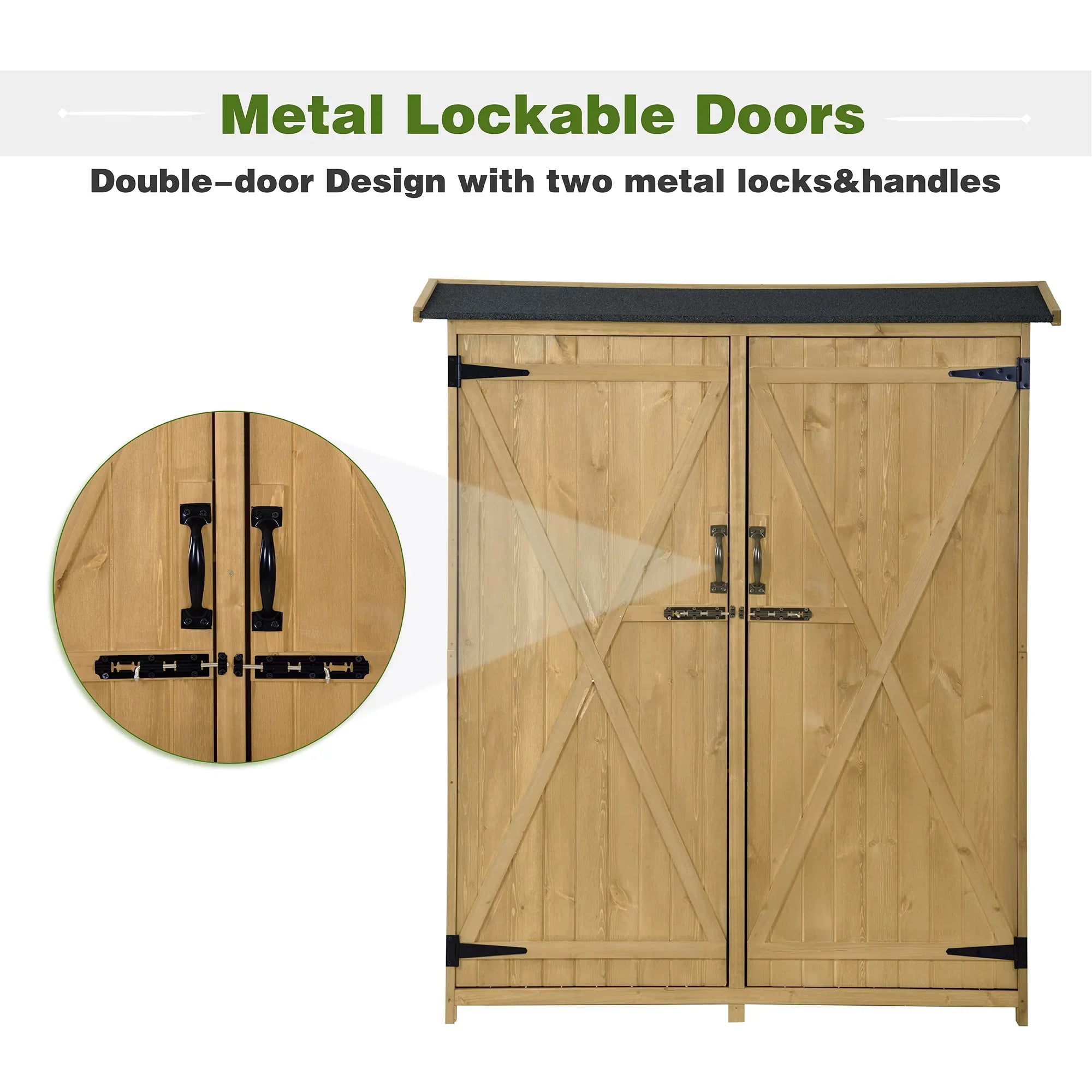 Outdoor 5.3ft Hx4.6ft L Wood Storage Shed Tool Organizer,Garden Shed, Storage Cabinet with Fluid Asphalt Roof, Double Lockable Doors, 3-tier Shelves for Backyard, Natural