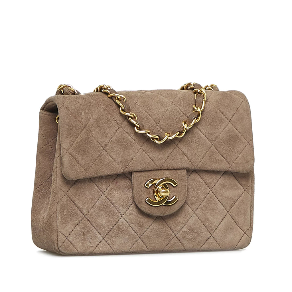 Pre-Owned Authenticated Chanel Classic Mini Square Single Flap Suede Leather Brown Crossbody Bag Unisex (Good)