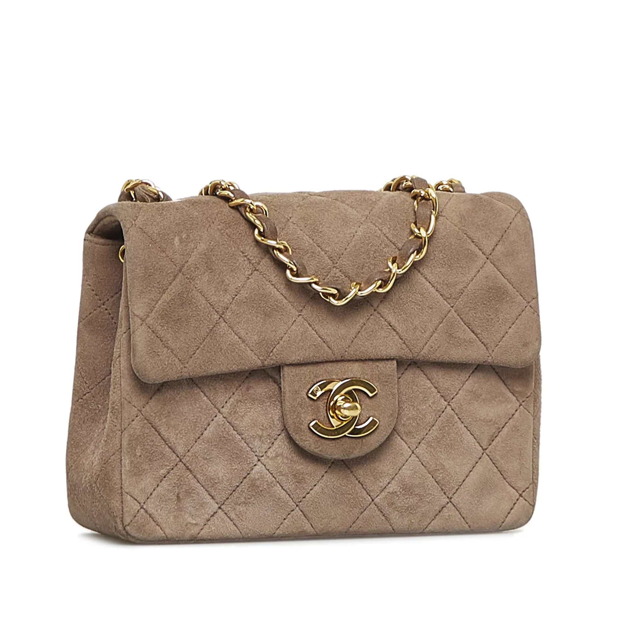Pre-Owned Authenticated Chanel Classic Mini Square Single Flap Suede Leather Brown Crossbody Bag Unisex (Good)