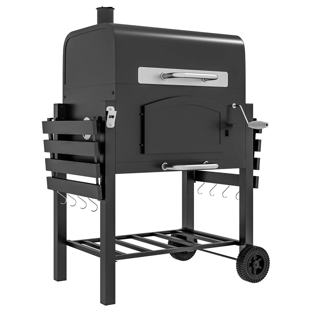CoSoTower Charcoal Grill, BBQ with Adjustable Height, Portable Barbecue with Folding Shelves, Thermometer, Bottle Opener & Wheels for Outdoor Camping, Picnic, Patio, Backyard, Black