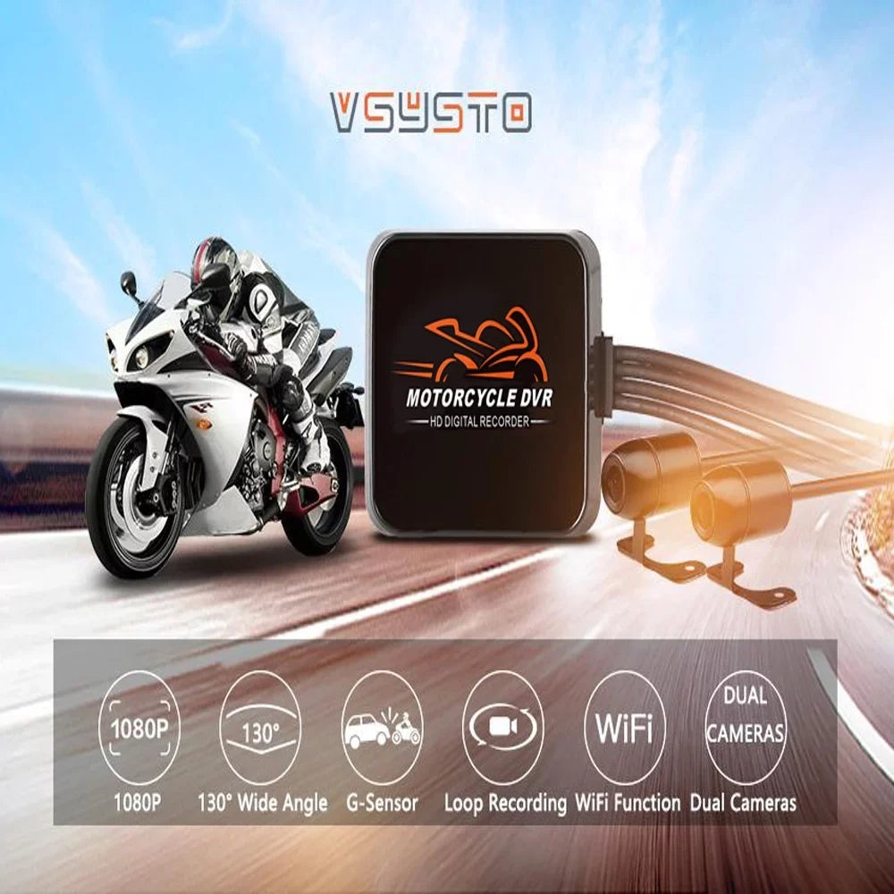 VSYSTO HD 1080P No Monitor Motorcycle Dash Cam, WiFi Night Vision 130° Wide Angle Front & Rear Camera 2 Channels Video Driving Recorder, Loop Recording, G-sensor