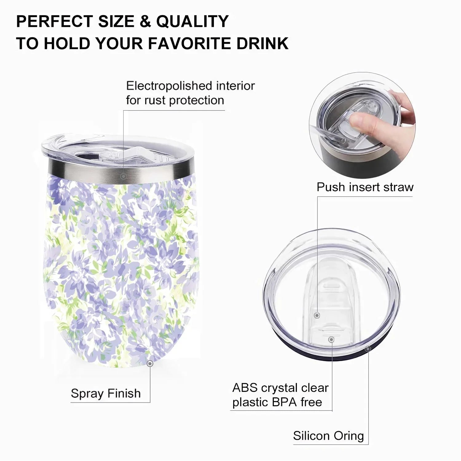 Hidove 12oz 304 Stainless Steel Vacuum Insulated Cups, Blue with Green Floral Pattern Eggshell Cup U Shape Tumbler Cups with Lid, Double Layer Insulation Wine Cup Big Belly Cup