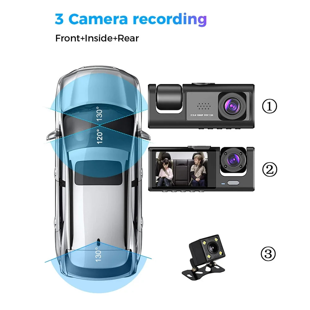 Virwir WiFi Dash Cam 1920x1080P FHD Front Inside and Rear Dash Cam Three Cam Car DVR Night Vision Loop Recording