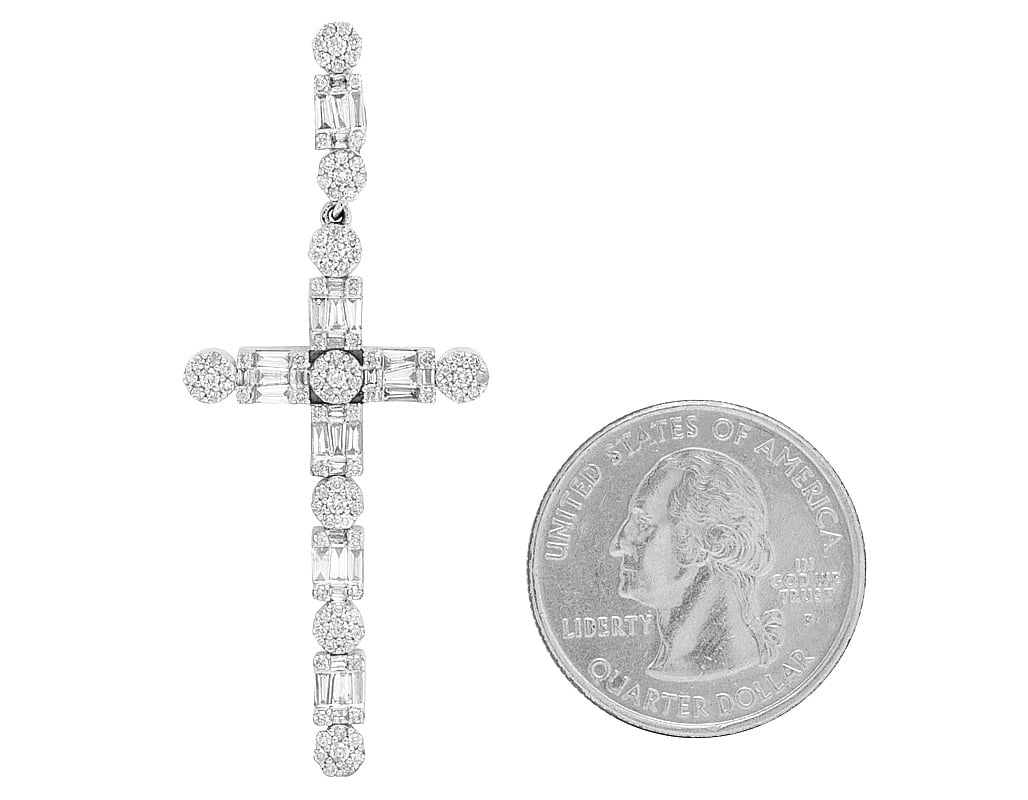 Unisex 10K White Gold Real Diamond Flower Cluster Baguette Cross 2" 1.2CT
