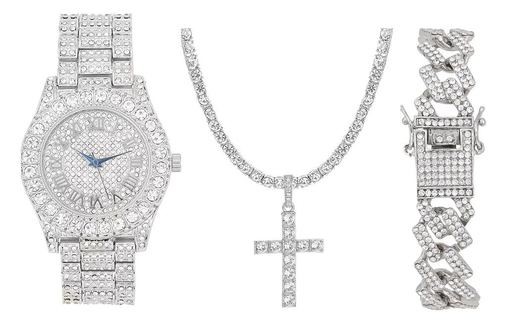 Charles Raymond Luxury Mens Iced Out Tennis Cross Necklace w/Diamond Quartz Wristwatch - Be Lit & Choose The Matching Blinged Out Cuban ZZ Bracelet Set - ST10327RN Classic SLV SLV 3pc Set (18")