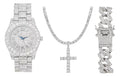 Charles Raymond Luxury Mens Iced Out Tennis Cross Necklace w/Diamond Quartz Wristwatch - Be Lit & Choose The Matching Blinged Out Cuban ZZ Bracelet Set - ST10327RN Classic SLV SLV 3pc Set (18")