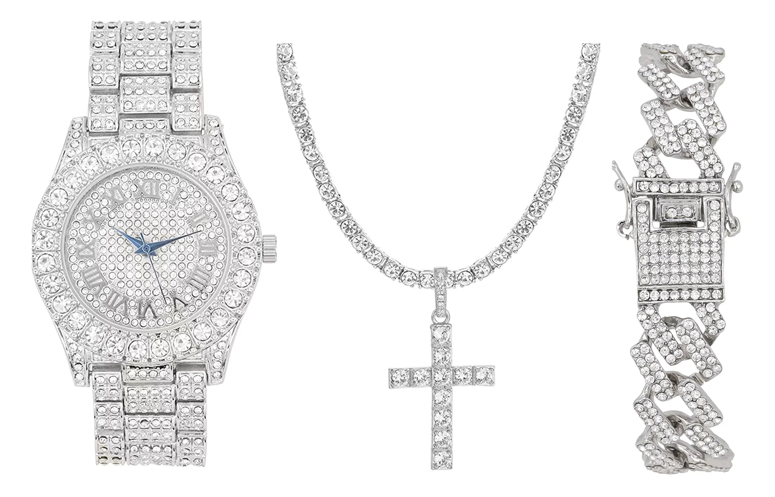 Charles Raymond Luxury Mens Iced Out Tennis Cross Necklace w/Diamond Quartz Wristwatch - Be Lit & Choose The Matching Blinged Out Cuban ZZ Bracelet Set - ST10327RN Classic SLV SLV 3pc Set (18")