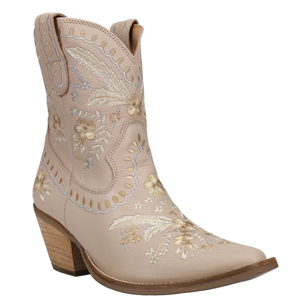 Dingo Womens Primrose Embroidered Floral Snip Toe Casual Boots Ankle Mid Heel 2-3"