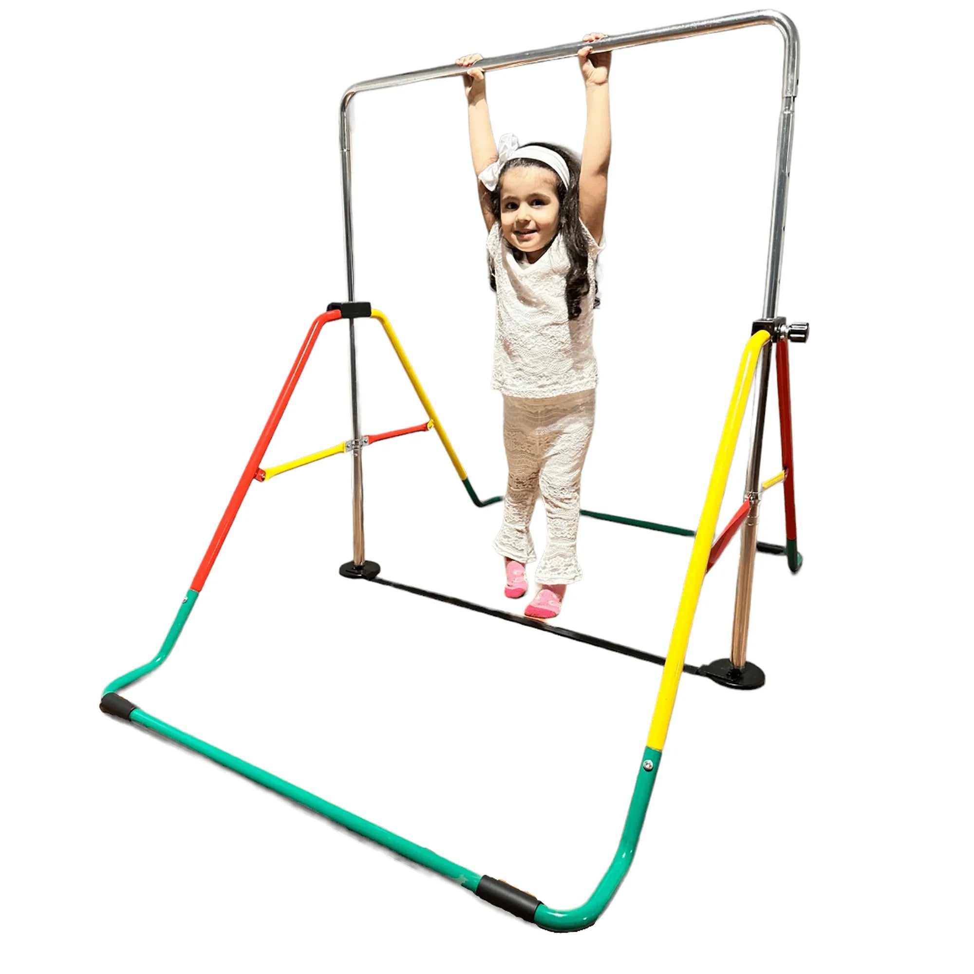 Height-Adjustable Kids' Gymnastics Bar - Home Training Bar for Junior Gymnasts - Folding Monkey Bar Playground Equipment - Expandable Horizontal Kip Bar for Boys/Girls (Red/Yellow)