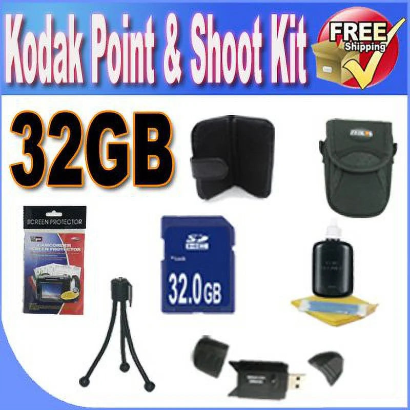Kodak Point & Shoot Accessory Saver Bundle (32GB SDHC Memory + USB Card Reader + Deluxe Camera Case w/Strap + LCD Scree