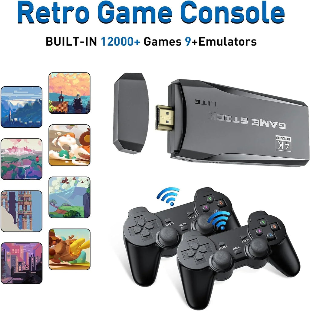 Retro Game Stick - Nostalgia Stick S2 Preloaded 12000+ Classic Retro Games,9 Emulators,Plug and Play Video Games for TV,Emulator Console S2 Support 4K HD Port,2 Wireless Gamepads(64G)