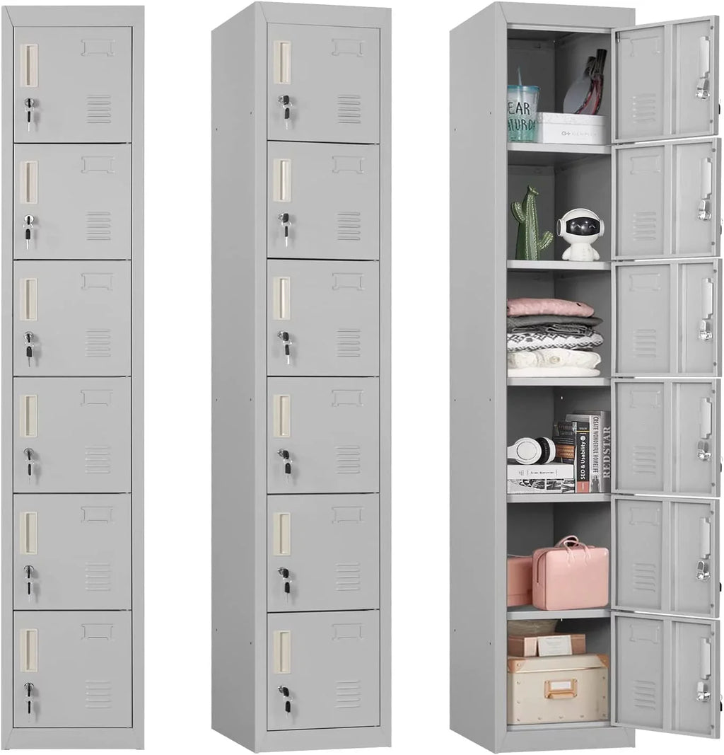 SUNCROWN Metal Locker Storage Cabinet with 6 Lockable Door for School, Gym, Home, Office, Gray