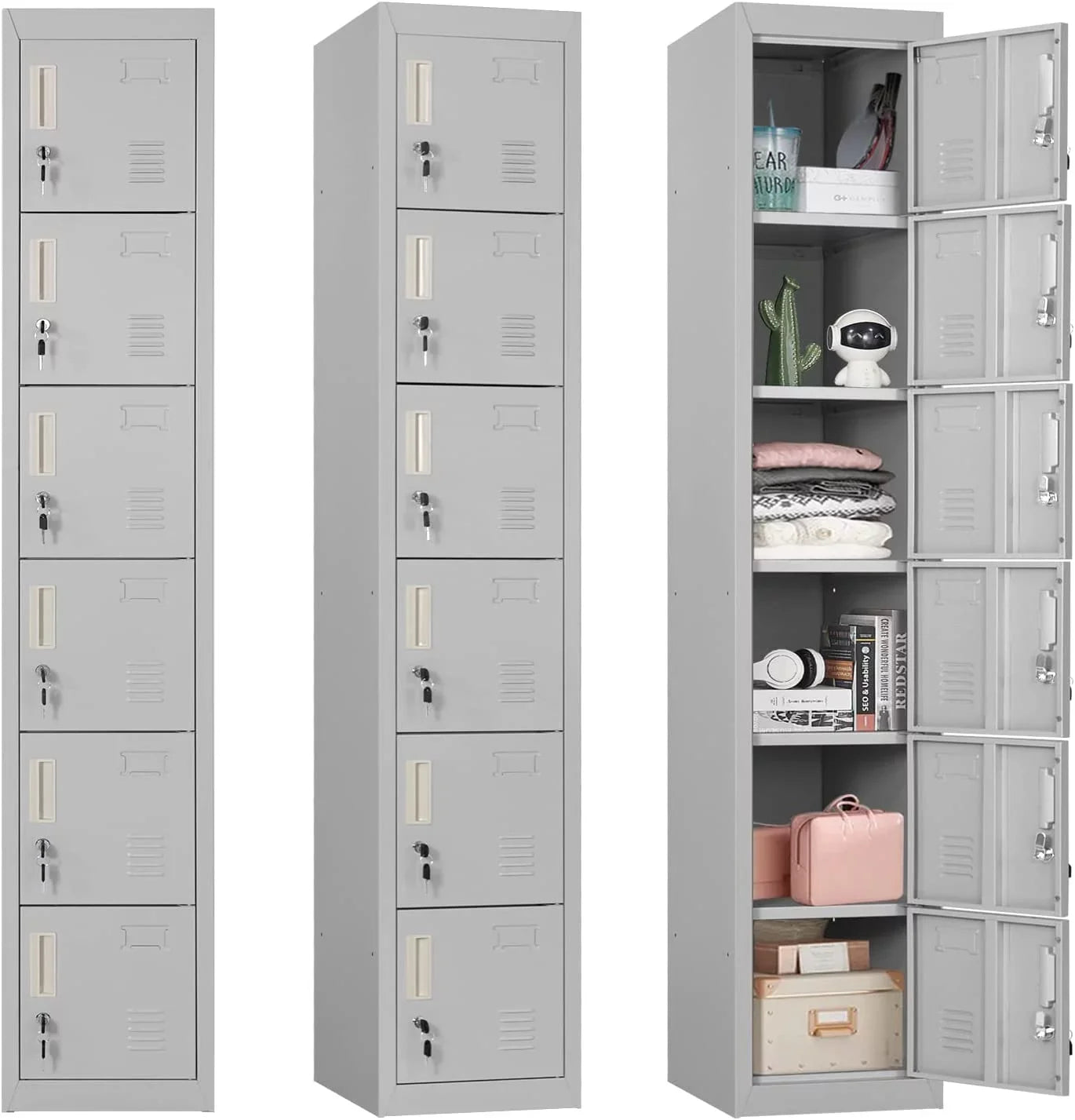 SUNCROWN Metal Locker Storage Cabinet with 6 Lockable Door for School, Gym, Home, Office, Gray