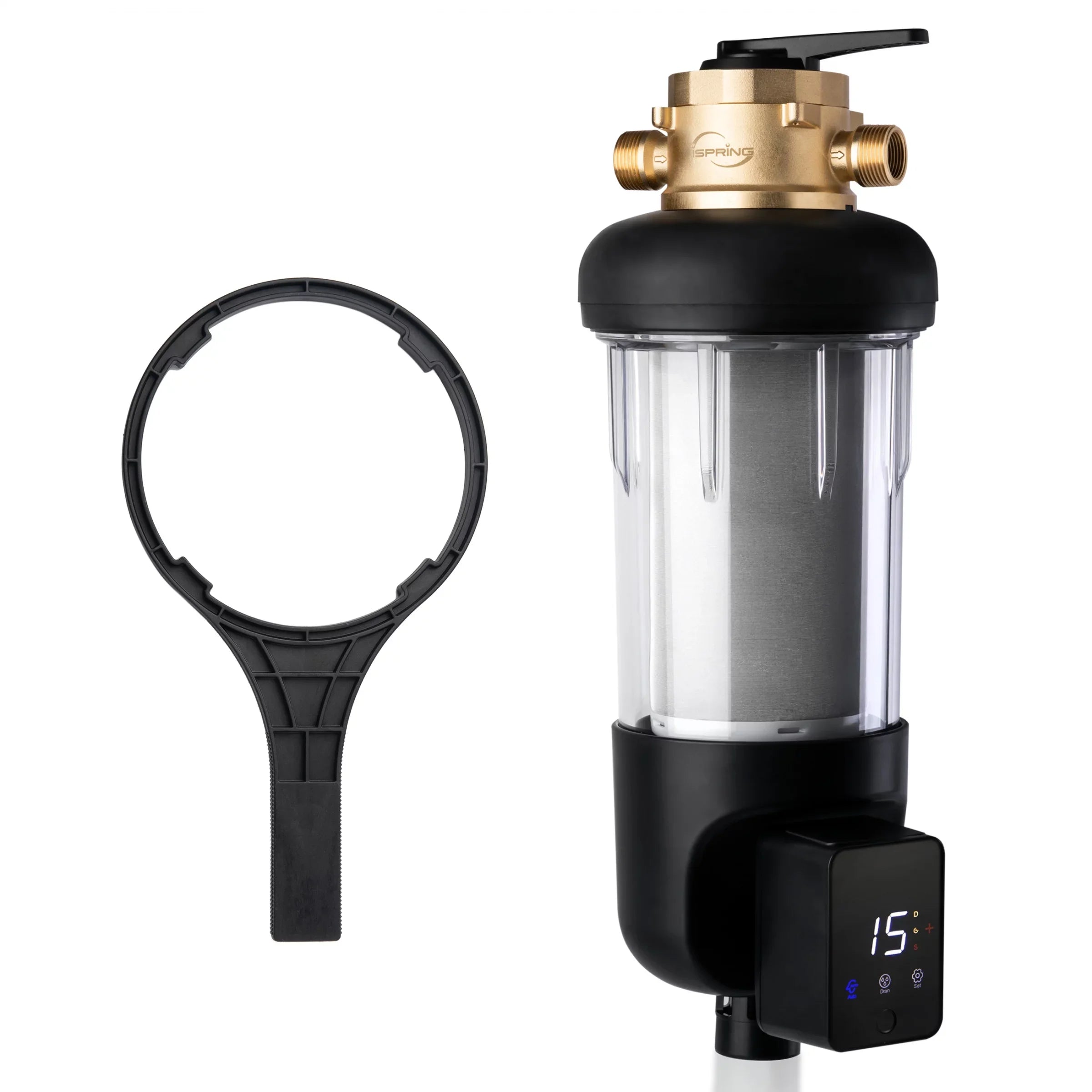 iSpring WSP500ARJ-BP Whole House Prefilter, Spin-Down Sediment Liquid Filter with Bypass, Upgraded Clear Housing, Jumbo Size, Flushable and Reusable, Monitor Auto Flushing, 4 Modes, 500 Microns