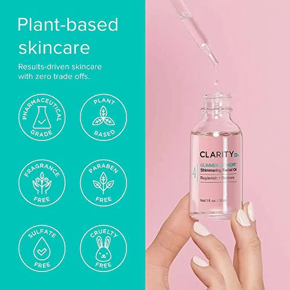 ClarityRx Glimmer of Hope Shimmering Restorative Face Oil, Natural Plant-Based Moisturizing Facial Treatment with Coconut, Rose & Jojoba for Dry & Aging Skin (1 fl oz)