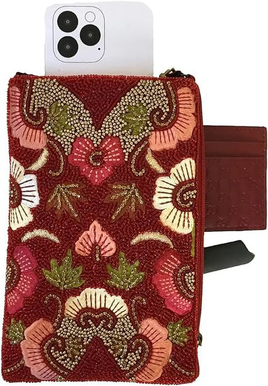 Ruby Bloom Floral Club Bag Beaded Phone Crossbody, Red Multi
