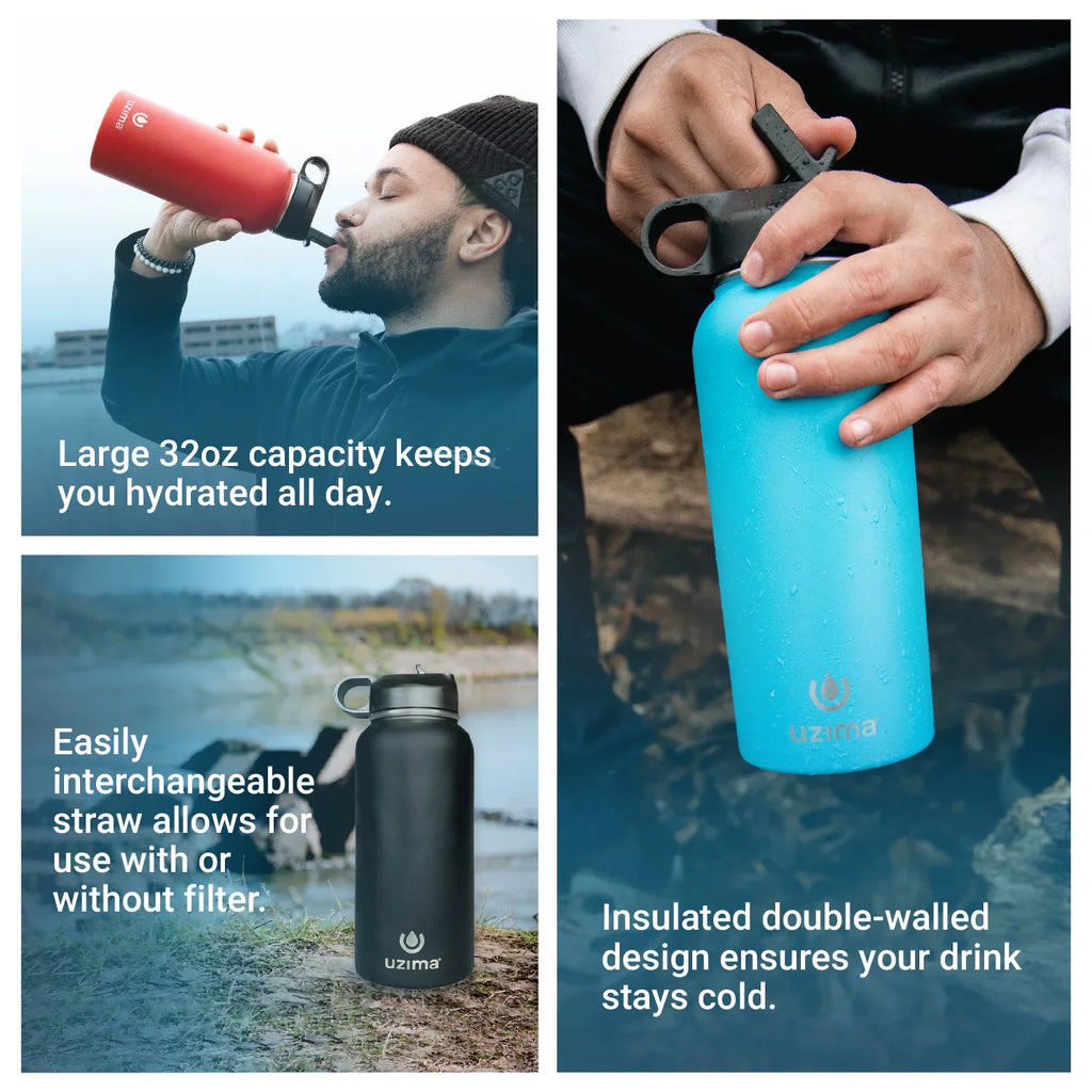 Uzima - Z-Source Filtered Liquid Bottle for Hiking, Backpacking, Camping, and Travel. Liquid Purification on the Go. Large 32oz Capacity with Double-Walled Stainless Steel Exterior .(Red)