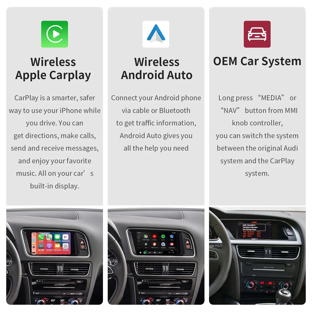 Ninetom Wireless Android Auto Carplay for Audi A4 A5 S4 S5 RS4 RS5 Q5 2008-2015 Support 3GMMI System,Carplay Retrofit Kit,Mirrorlink,Siri,Navigation,YouTube,Original Control,Camera