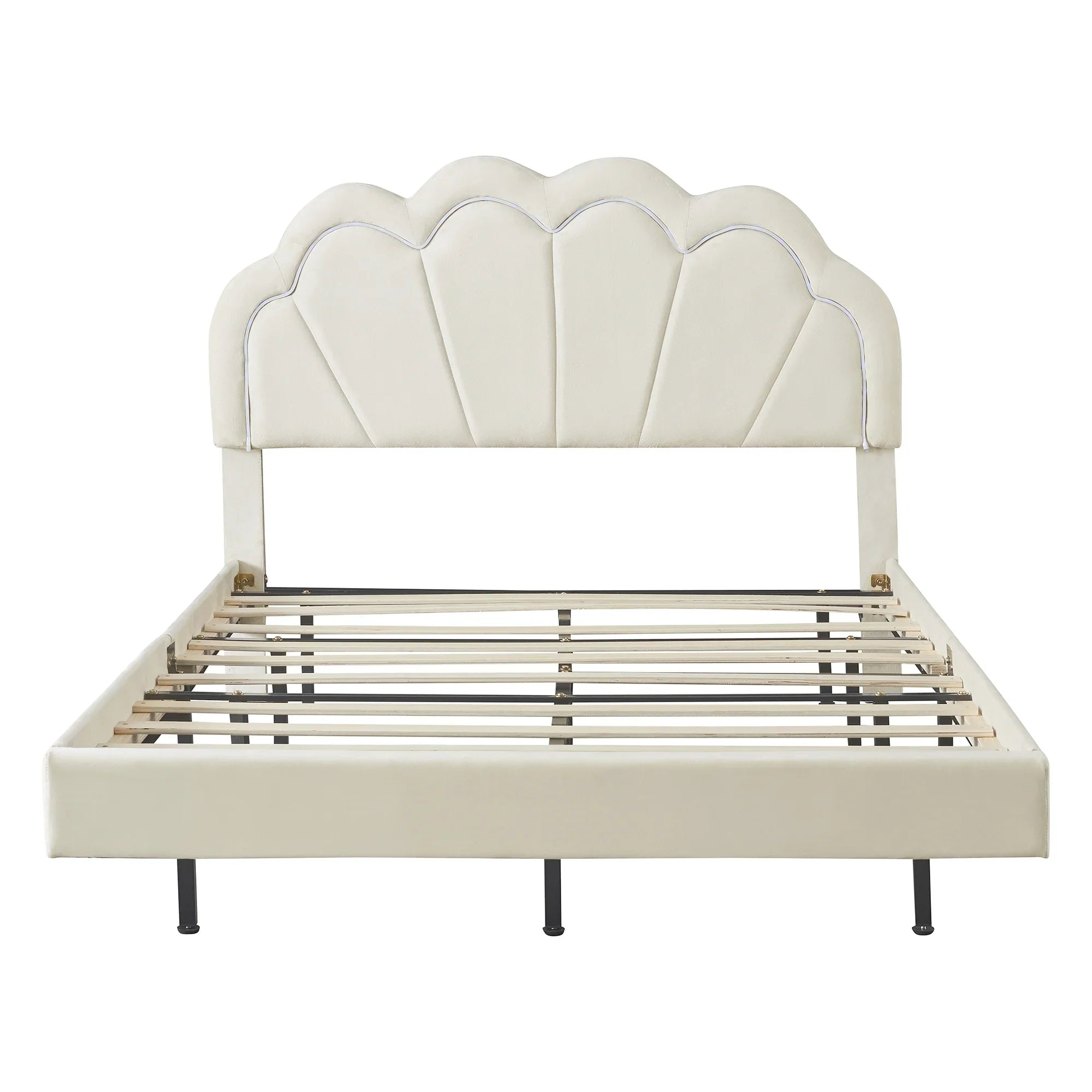 Cosymart Full Upholstered Smart LED Bed Frame with Elegant Flowers Headboard， Floating Velvet Platform LED Bed with Wooden Slats Support， Beige