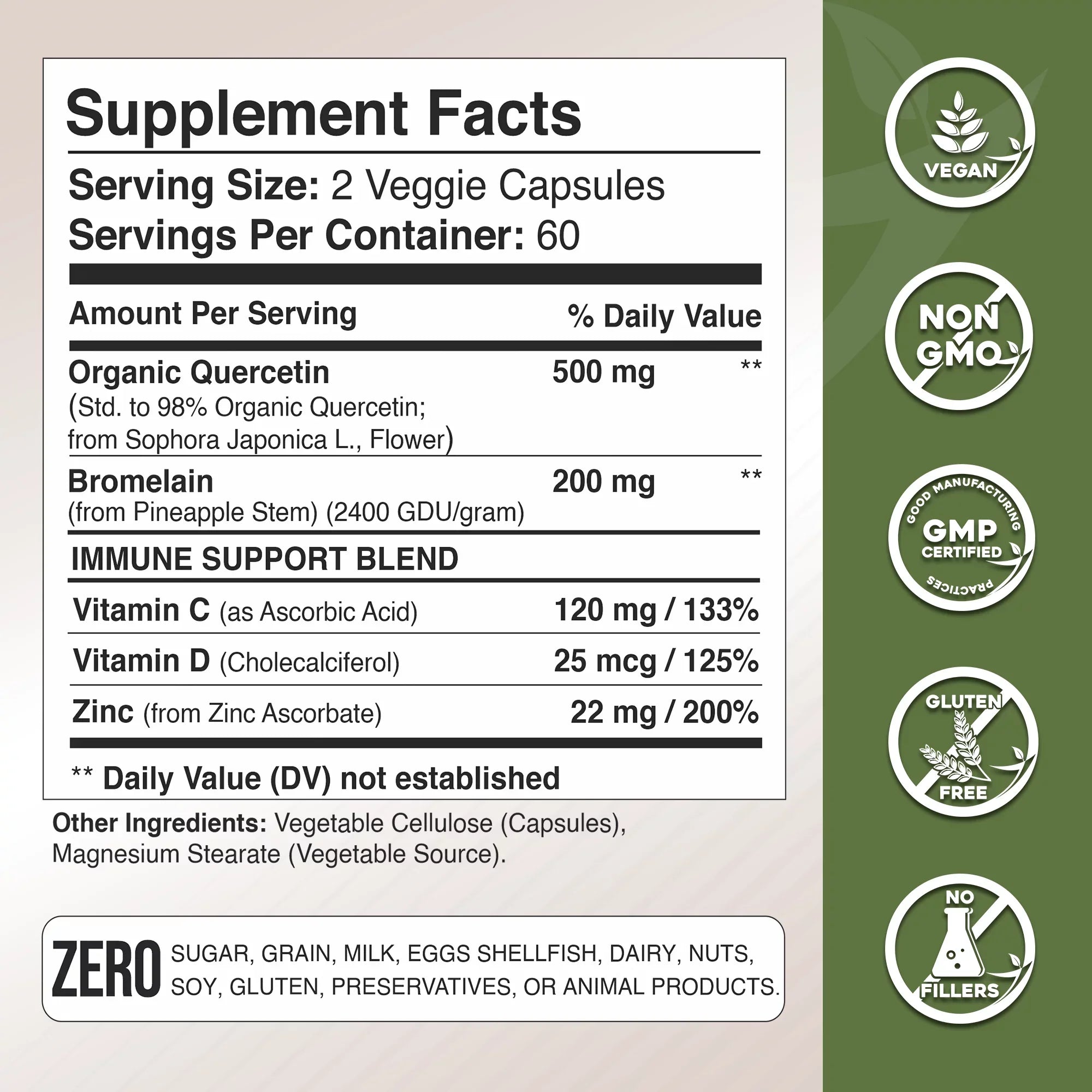 Quercetin Complex with Bromelain, quercetin supplements 500mg, with Vitamin C and Zinc, Bioflavonoids for Healthy Immune Support, vitamin D3, zinc quercetin, Third Party Tested.